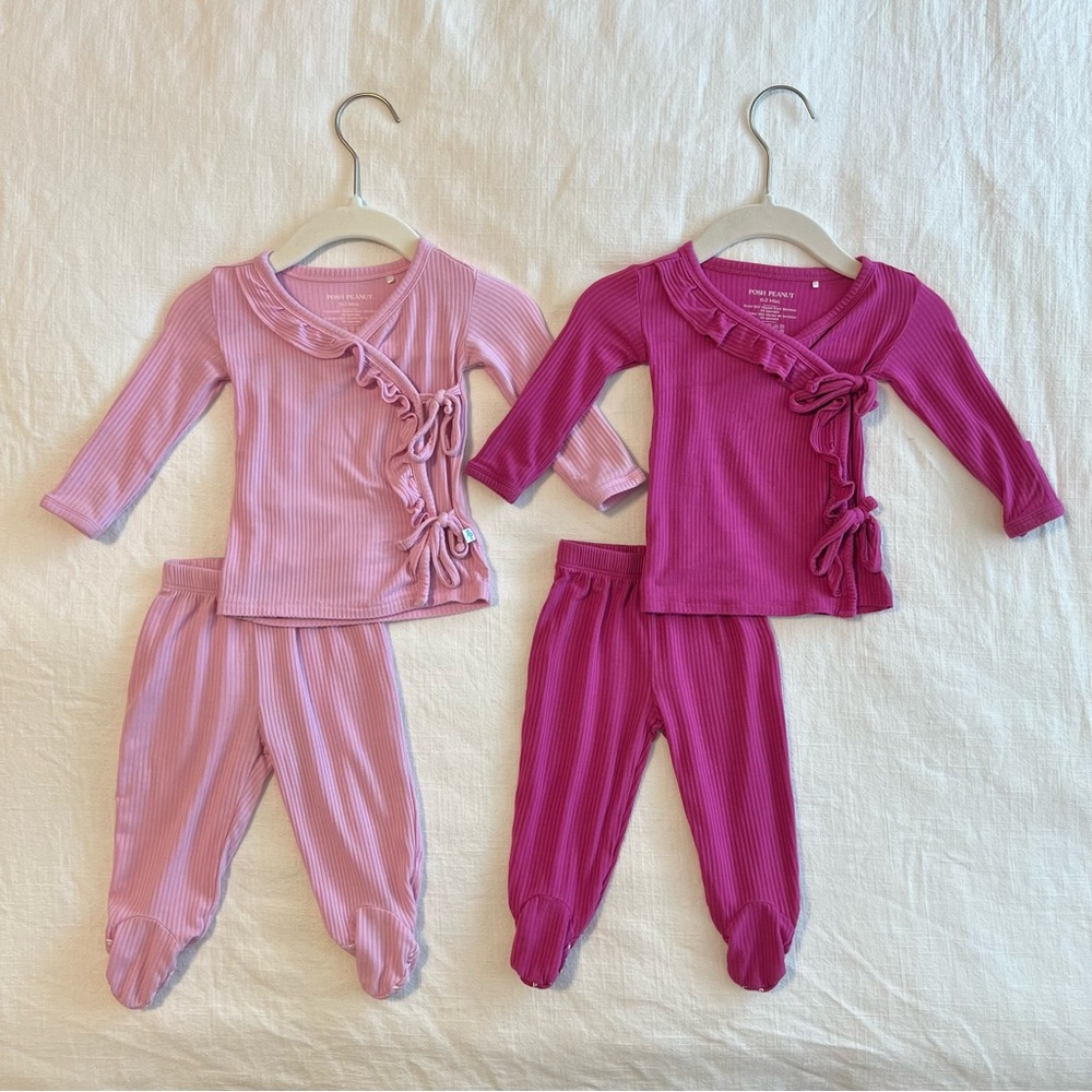 Posh Peanut Ribbed Ruffle Tie-Front Kimono Sets